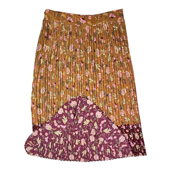 LOFT Size 10 Pleated Floral Skirt Brown Burgundy Floral Print Side Zip - Picture 4 of 8